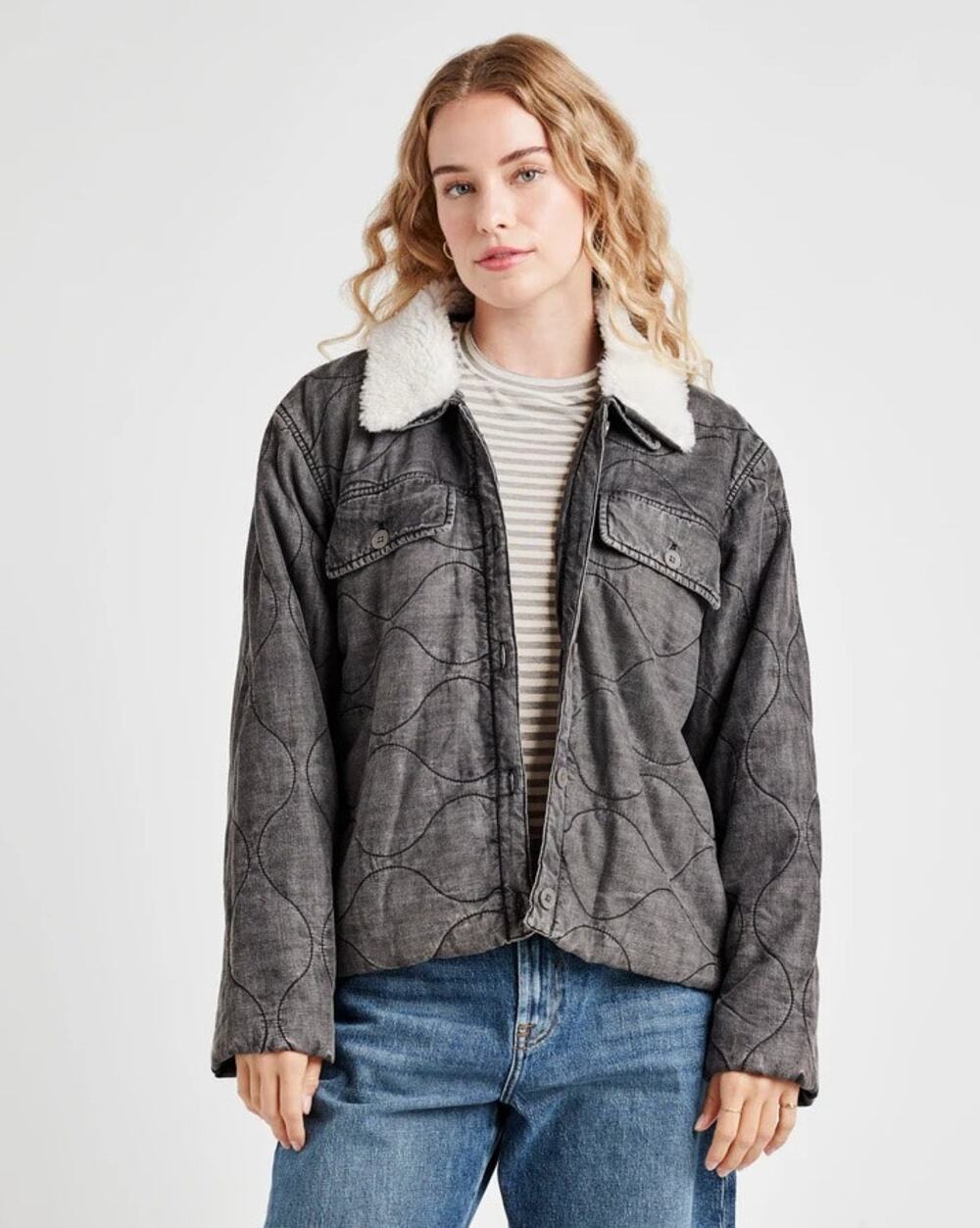 Splendid Women Charcoal Wash Kayden Sherpa Collar Quilted Boxy Jacket Size XL